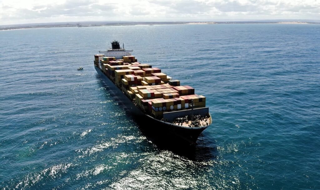 An aerial view of the MV MSC Apollo at anchorage in Algoa Bay on Tuesday morning while investigation continue about an oil spill reportedly detected from it since the weekend. Photo courtesy SAMSA