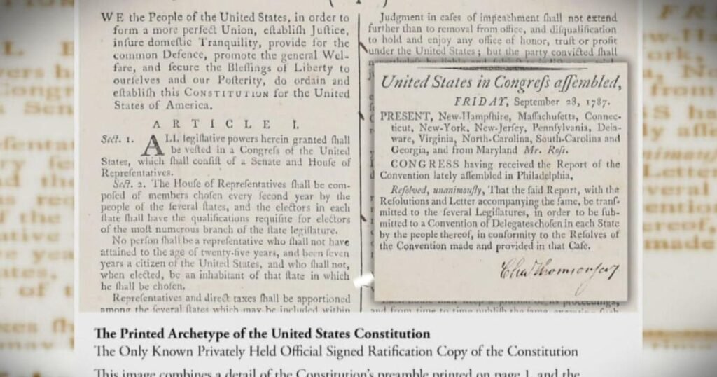 A rare copy of the U.S. Constitution forgotten in a filing cabinet sells at auction for $9 million.